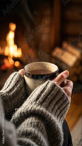 Close-up of hands holding a steaming mug of hot tea in front of a fireplace. Person wearing a grey knitted sweater enjoying a warm drink in a cozy cabin. Winter comfort and hygge concept