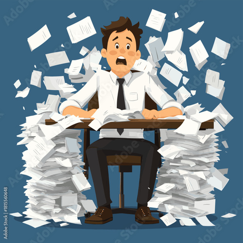 Stressed businessman overwhelmed by paperwork and failure pulling hair in panic Heavy workload concept , vector style simple color