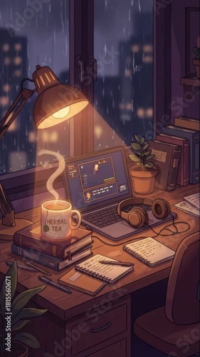 Lo-fi anime animation of a cozy desk setup at night with rain falling outside. Laptop and herbal tea on a wooden table under a warm lamp. Atmospheric study and relaxation concept