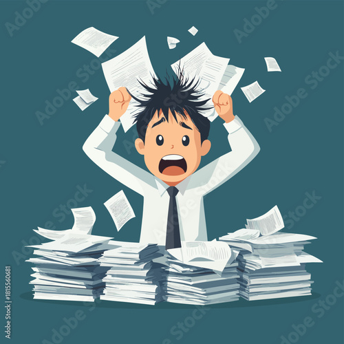 Stressed businessman overwhelmed by paperwork and failure pulling hair in panic Heavy workload concept , vector style simple color