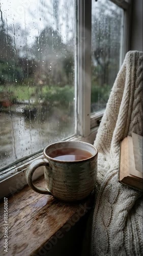 Steaming mug of tea on a wooden windowsill next to an open book and knitted blanket. Rainy day scene with raindrops on the glass and a blurred garden view. Hygge lifestyle concept