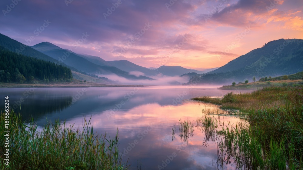Fototapeta premium Misty summer sunrise over lacu roșu lake in harghita county, romania, dramatic morning landscape with foggy reflections and serene nature scenery in eastern europe