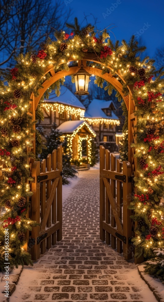 Fototapeta premium Illuminated archway leading to a house decorated with christmas lights in a winter wonderland scene