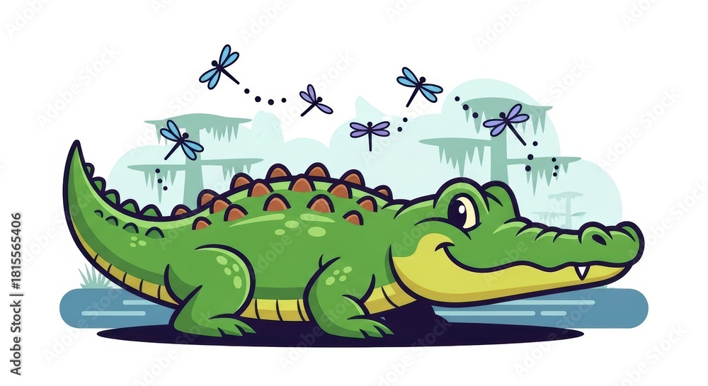 Fototapeta premium Cartoon crocodile in swamp setting with dragonflies and trees