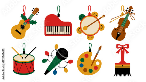 Musical Ornaments of Joy: A vibrant collection of musical ornaments, celebrating the joy of the holiday spirit, each one with its own unique festive charm and holiday cheer. 