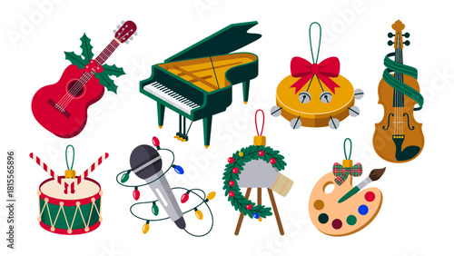 Festive Ornaments of Arts and Music: An assortment of musical instruments and art tools, transformed into charming festive ornaments, each adorned with seasonal embellishments.