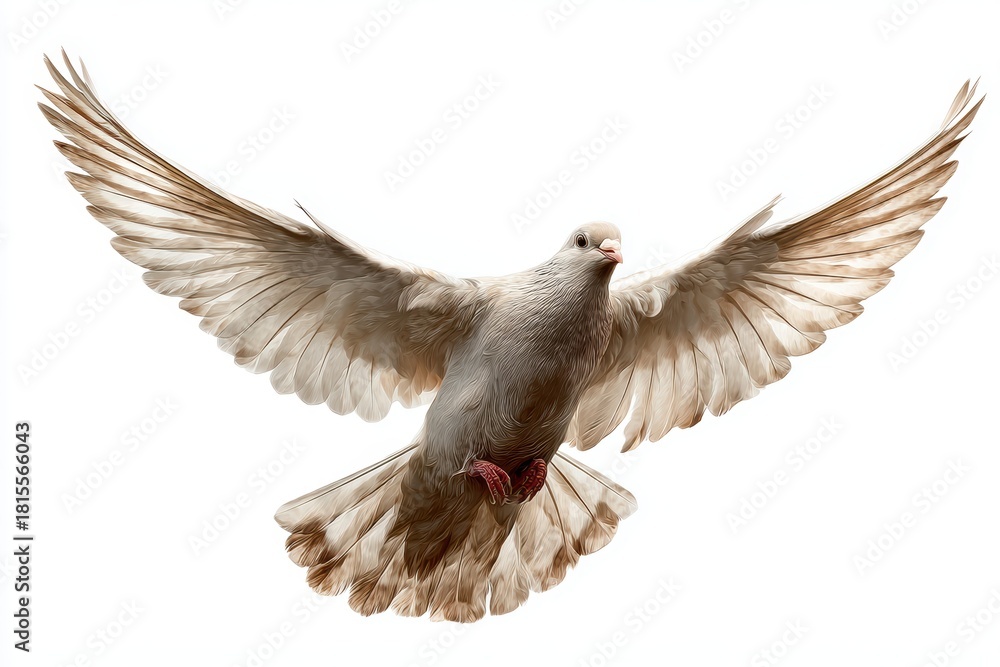 Obraz premium High-resolution dove flying with wings wide open, isolated on white background, elegant bird photo, perfect for peace, freedom, and spiritual themes.