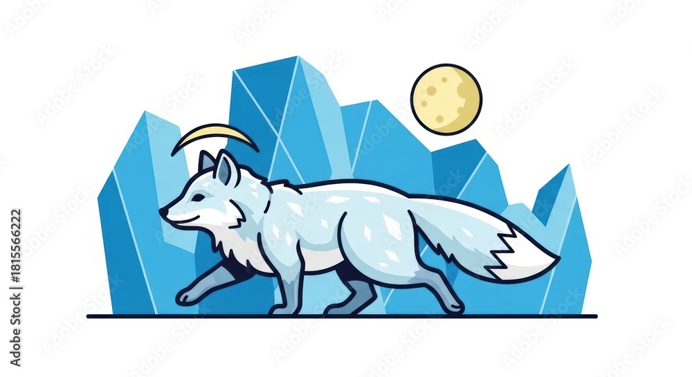 Naklejka premium Arctic fox in icy landscape with moon
