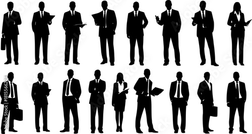 Vector silhouettes of men and a women, a group of standing business people, black color isolated on white background
