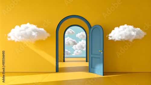 Open blue door in yellow room with floating clouds revealing sky
