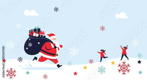 Santa Claus runs through a cheerful snowy landscape with a sack of gifts, while happy children play and festive snowflakes fall.