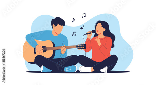 A man plays an acoustic guitar while a woman sings into a microphone, expressing their love for music and performance.