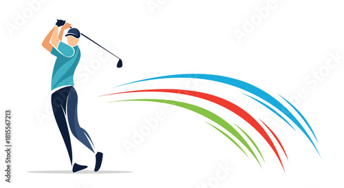 Stylized illustration of a golfer mid-swing, with colorful artistic trails representing the motion and trajectory of a golf shot.