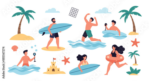 A vibrant illustration of people enjoying various summer beach activities like surfing, swimming, and playing in the sand.