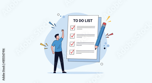 A man triumphantly celebrates next to a 'TO DO LIST' with completed tasks, emphasizing achievement, productivity, and effective time management.