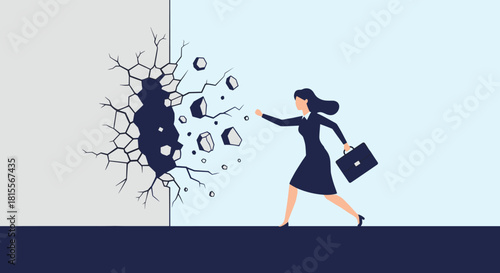 Businesswoman punches through a concrete wall, symbolizing breakthrough, challenge, success, and overcoming obstacles in her career journey.