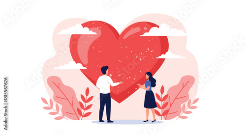 A loving couple stands before a large red heart, symbolizing connection, care, and partnership in their relationship.
