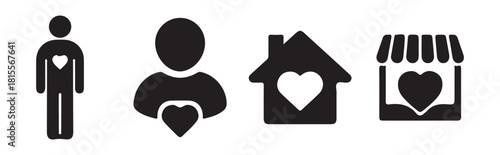 Collection of person house and shop icons with heart symbols for care and generosity