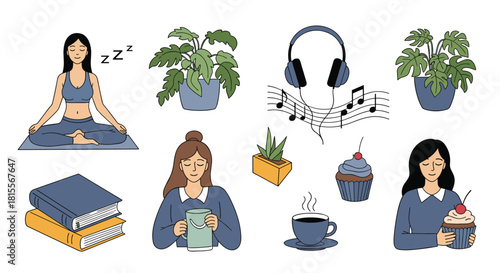A collection of peaceful illustrations showcasing self-care activities and hobbies for relaxation and well-being at home.