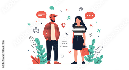 Two people engaged in a casual conversation, surrounded by abstract symbols and natural elements, representing communication and social connection.