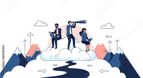 Modern business team leveraging cloud technology and visionary leadership to drive innovation, navigate strategic paths, and achieve growth goals.