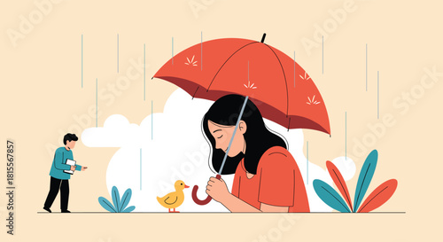 A woman with a melancholic expression holds an umbrella to protect a small duck from the rain, while a person watches in the background.