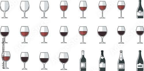 Elegant Collection of Wine Glasses and Bottles Featuring Various Fill Levels and Styles in a Clean Minimalist Icon Illustration Set