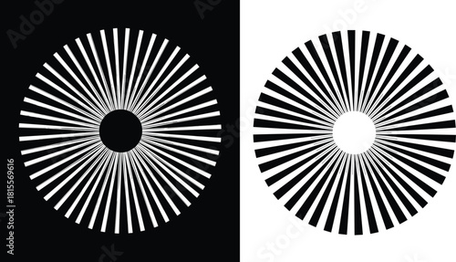Radial Contrast Patterns, Symmetrical Optical Illusions in Black and White Featuring Alternating Lines and Central Circular Focal Points