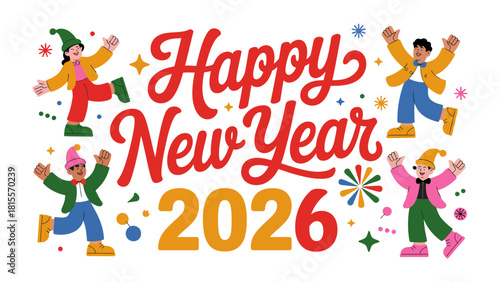 New Year Cheer: A vibrant and colorful illustration conveys the excitement and joy of New Year's celebrations, with dynamic typography.