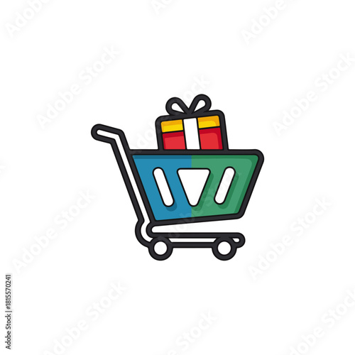 Colorful Shopping Cart with Gift Box, Online Commerce Icon