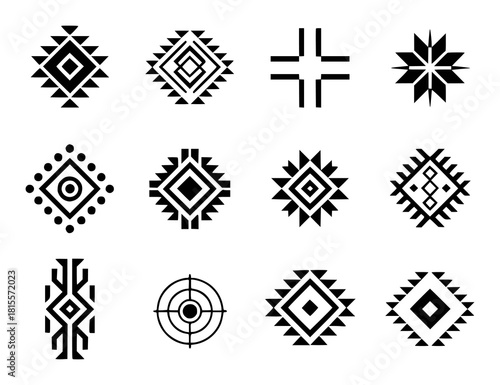Collection of 12 Geometric and Tribal-Inspired Black and White Symbols