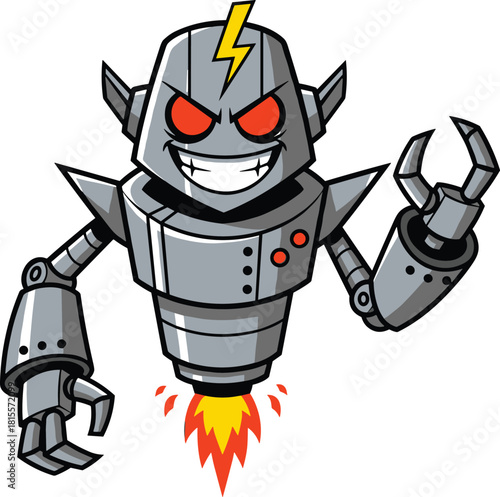 Evil Mad Scientist Robot Mascot, Futuristic Mechanical Character with Jet Thruster, Aggressive Vector Illustration for Technology, Gaming, or E-sports