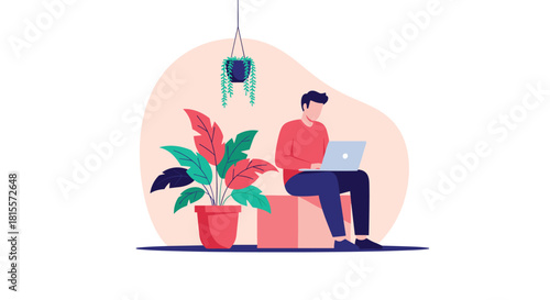 Flat vector illustration of a young man working from home on his laptop, sitting comfortably in a modern interior with lush green houseplants.