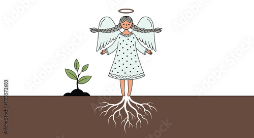 Metaphorical illustration of a guardian angel with her feet growing into the earth as roots, symbolizing a deep connection with nature and growth.