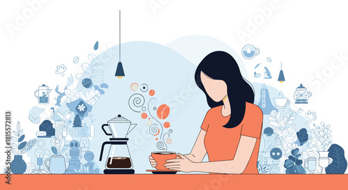 Stylized illustration of a woman enjoying a fresh cup of coffee from a moka pot, surrounded by an abstract background of coffee-themed elements.