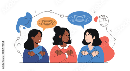Diverse group of three women talking and crossing their arms in a gesture of solidarity, representing the theme of embracing equity and empowerment.