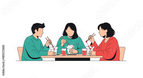 Group of diverse young friends sitting together at a table, happily eating Chinese takeout food from boxes with chopsticks and enjoying their meal.