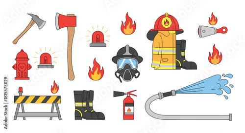 Comprehensive collection of firefighting equipment and emergency service icons in a flat, colorful line art style, isolated on a white background.