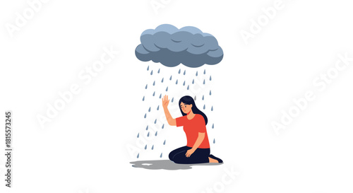 Sad woman kneeling on the ground under a personal rain cloud, illustrating concepts of depression, grief, sadness, and mental health struggles.