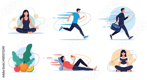 Collection of people engaged in various healthy lifestyle activities, including yoga, running, eating fruit, reading, and working in an office.