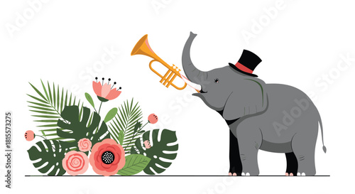 A charming and whimsical illustration of a gray elephant in a black top hat, playing a golden trumpet next to a beautiful floral arrangement.