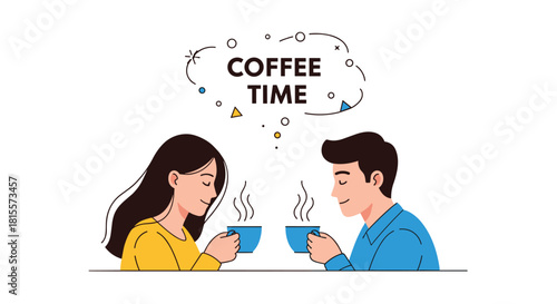 A smiling young man and woman enjoying a coffee date together, with a speech bubble above them that says 'Coffee Time,' indicating a pleasant break.