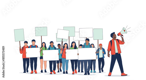 A diverse group of protesters marching together, holding blank signs for custom messages, led by a man with a megaphone, advocating for a cause.