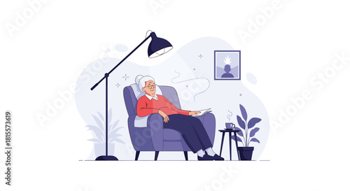 A peaceful elderly woman rests and dozes in a comfortable armchair under a lamp, enjoying her retirement in a cozy living room setting.