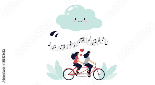 Two happy women in love riding a tandem bicycle together under a cute smiling cloud, with musical notes floating by, representing a joyful journey.
