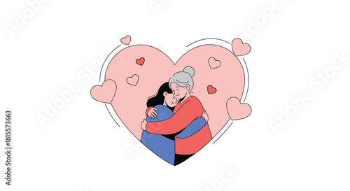 A loving elderly mother and her adult daughter share a warm embrace inside a large pink heart, symbolizing family love and connection.