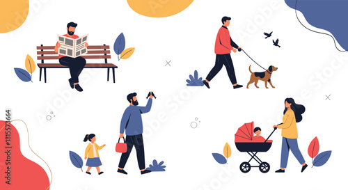 A set of illustrations showing people enjoying relaxing daily life activities in a park, such as walking with family, reading, and walking a dog.