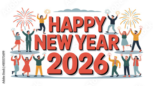 Joyful New Year Celebration: A vibrant scene of people happily celebrating the New Year 2026, surrounded by colorful fireworks. conveys the spirit of a new beginning.