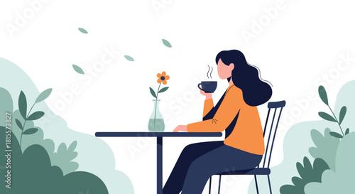 A serene woman sits alone at an outdoor cafe table, peacefully enjoying a hot cup of coffee or tea while surrounded by lush green foliage.