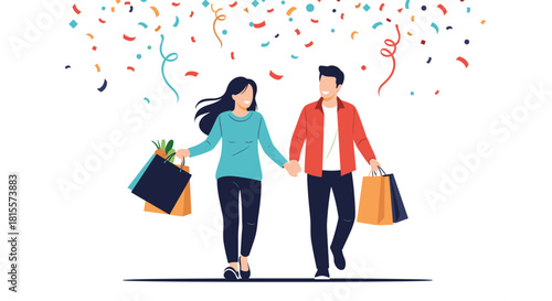 A happy young couple walks hand-in-hand carrying shopping bags under a shower of colorful confetti, celebrating a successful shopping spree or event.